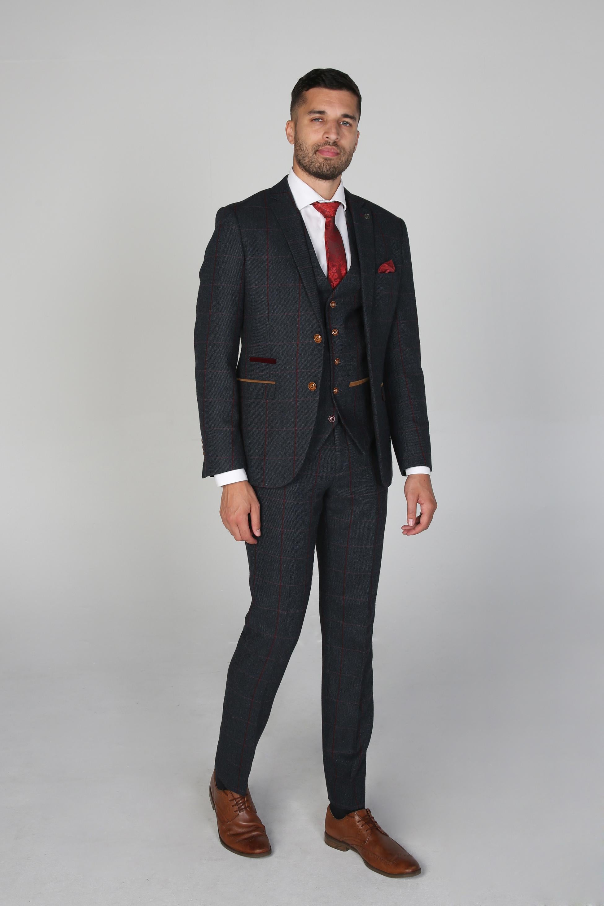 Men's Tweed Windowpane Check Tailored Fit Suit - MADRID - Navy Blue