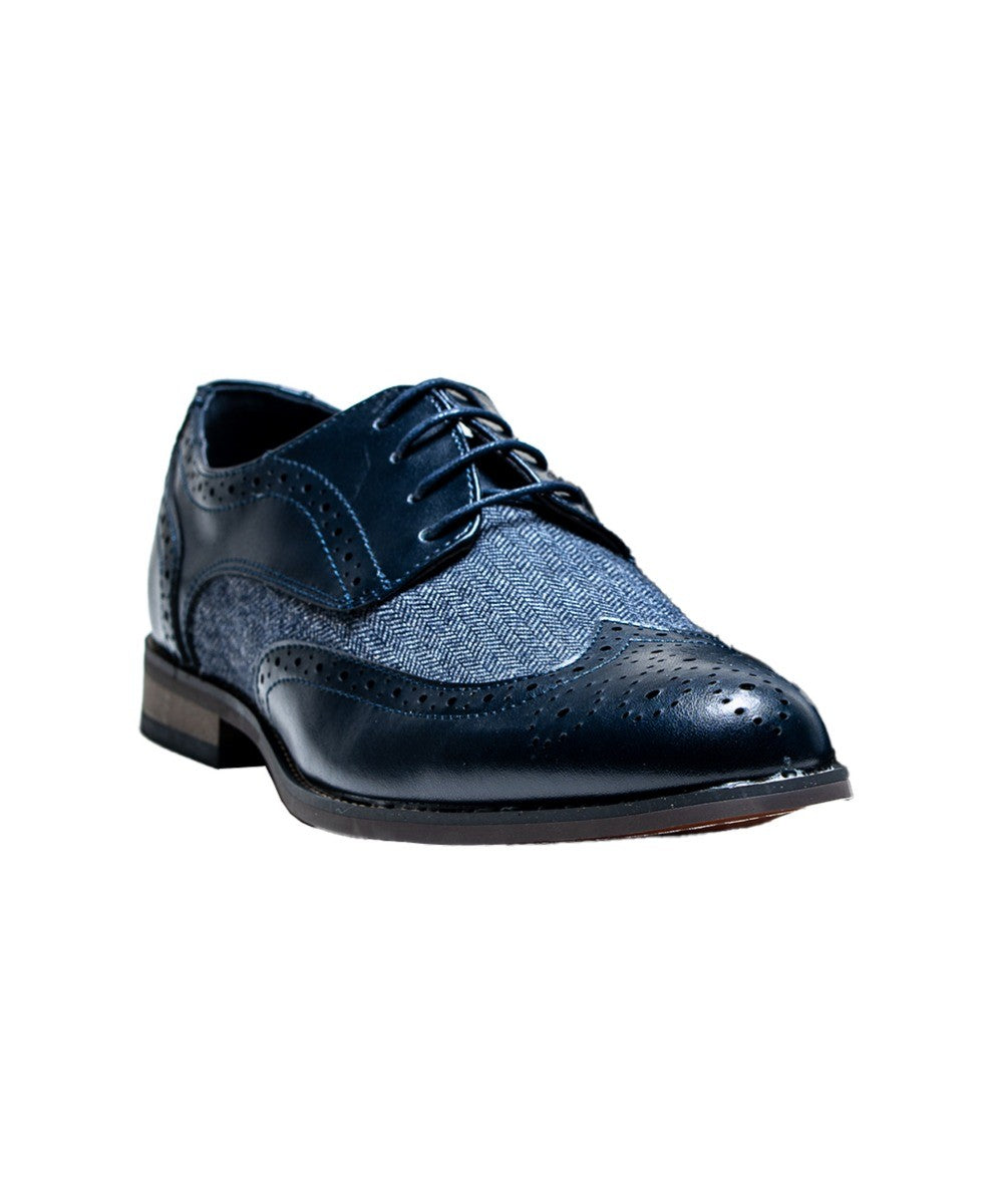 Men's Leather Tweed Retro Derby Brogue Shoes - Oliver - Navy Blue