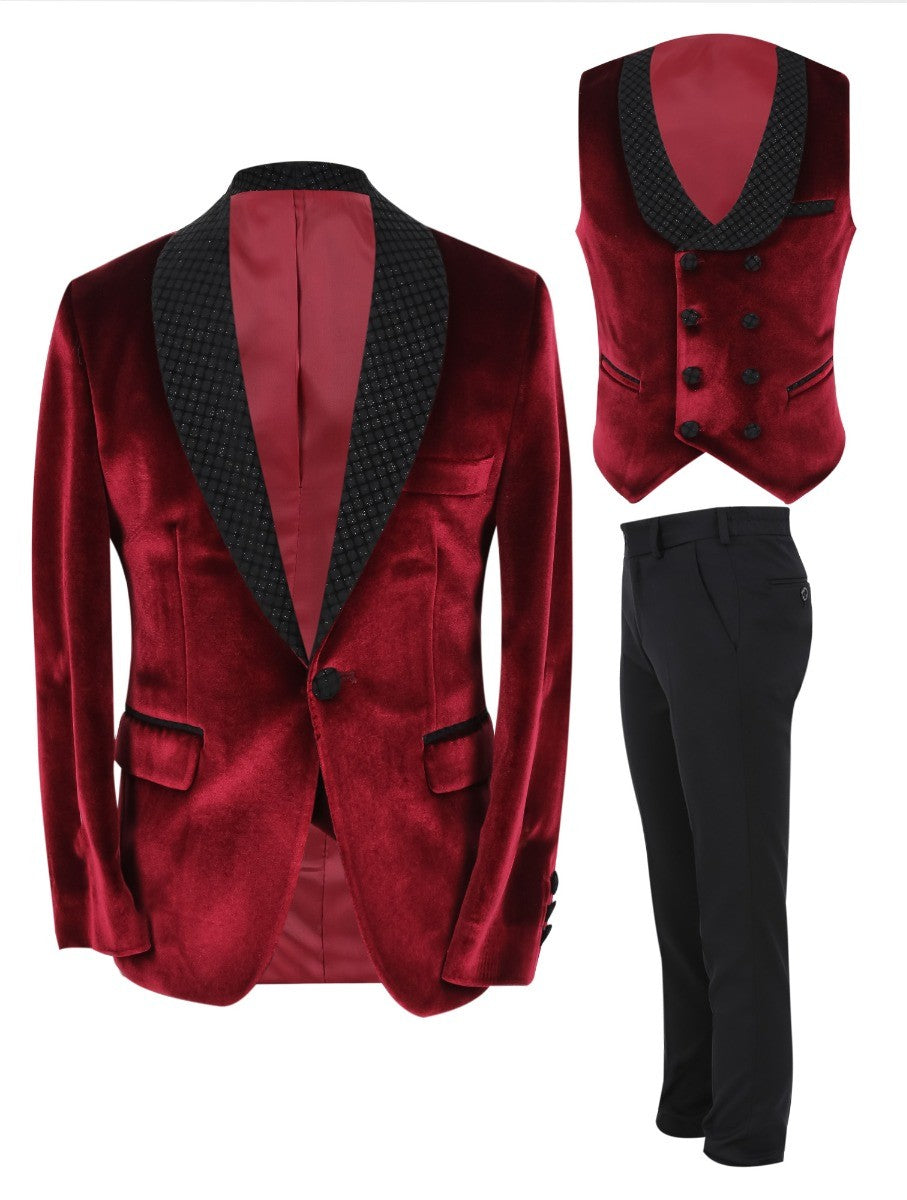 Boys Velvet Slim Fit Tuxedo Dinner Suit - Burgundy