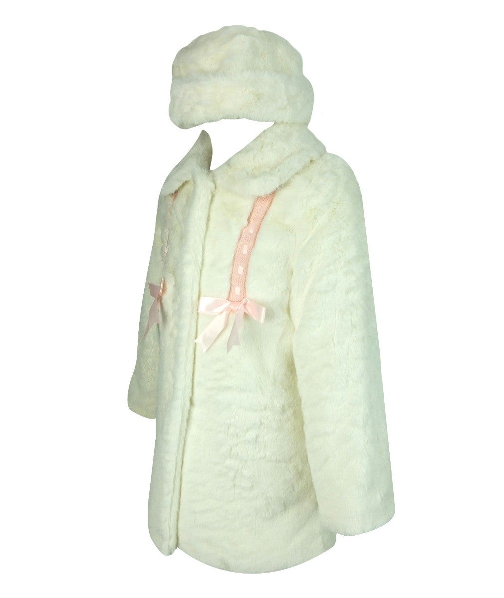 Baby Girls & Girls Fur Coat with Cossack Hat - Ivory