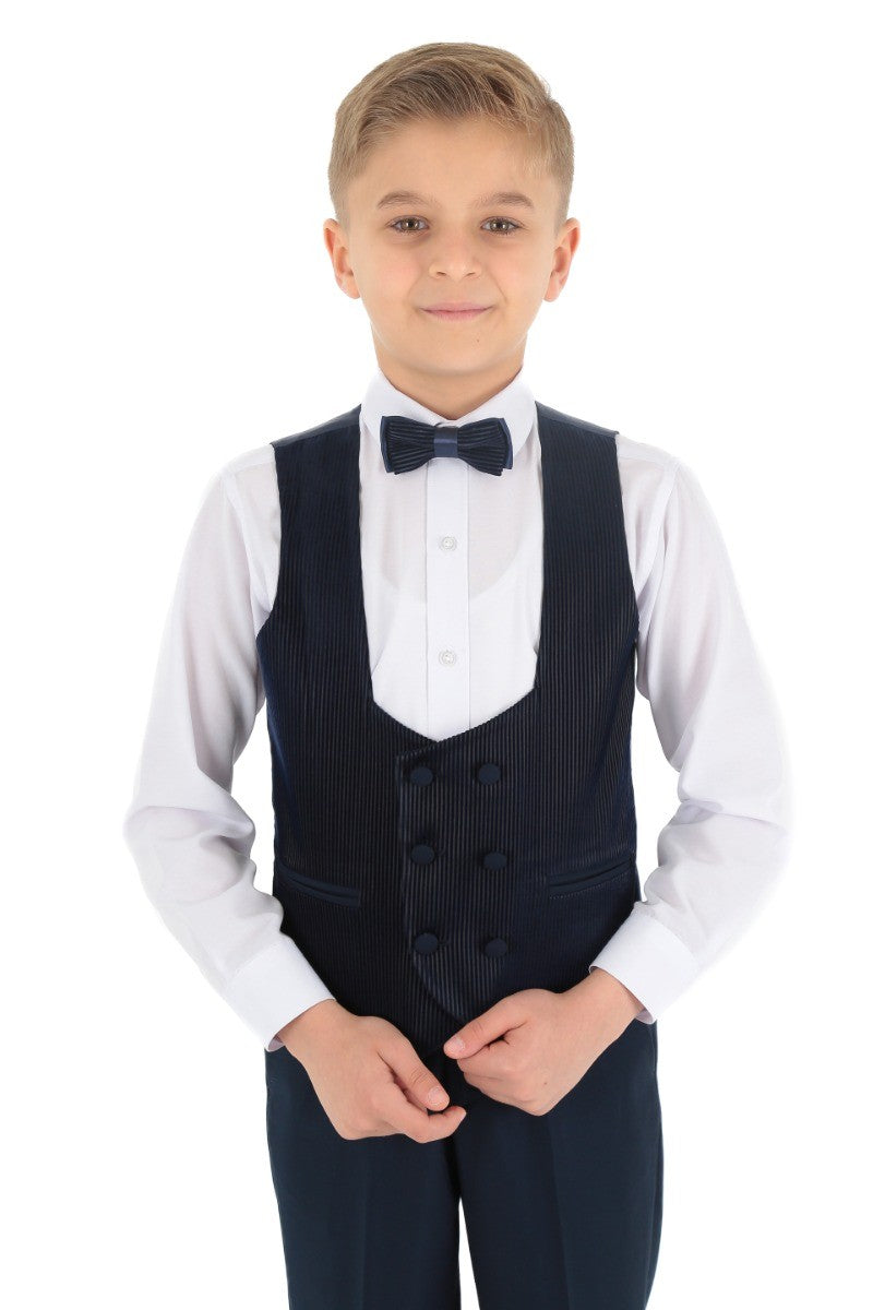 Boys Double Breasted Corduroy Velvet Waistcoat - Navy Blue