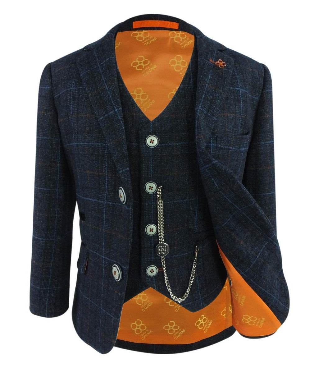 Boys Tweed Windowpane Check Suit - CODY Blue - Navy Blue