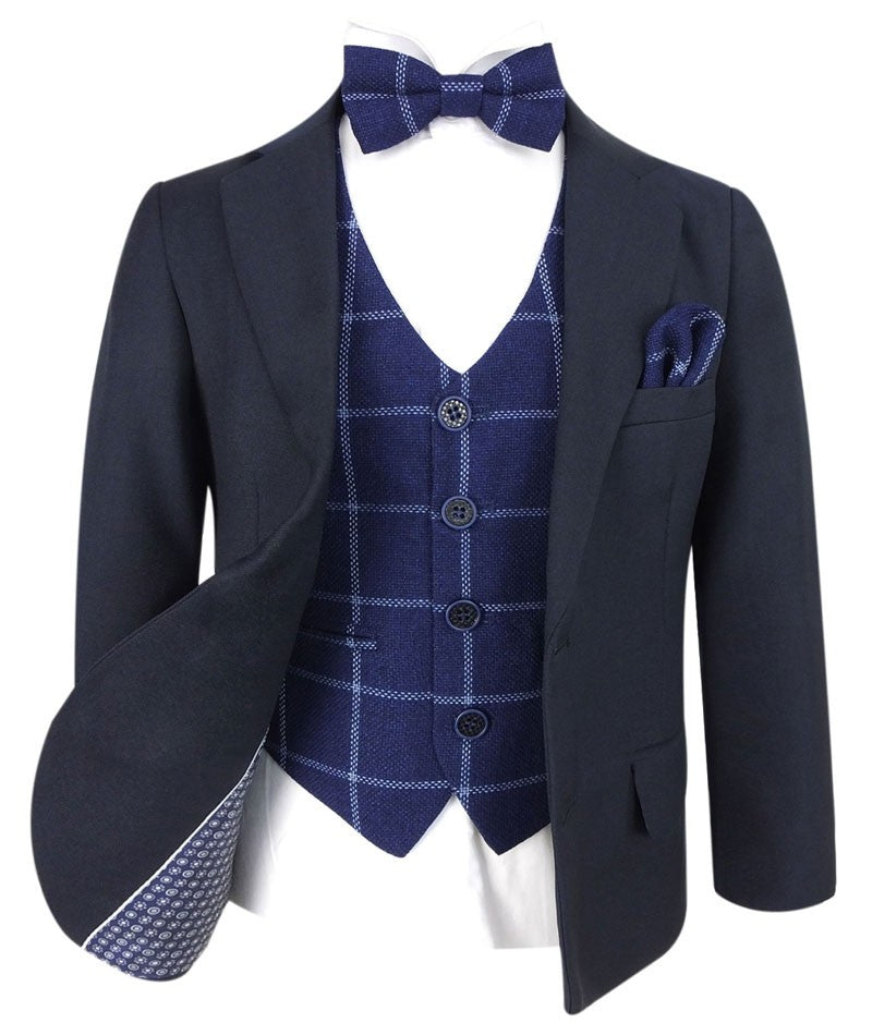 Boys Navy with Tweed Check Waistcoat Suit Set - Navy Blue