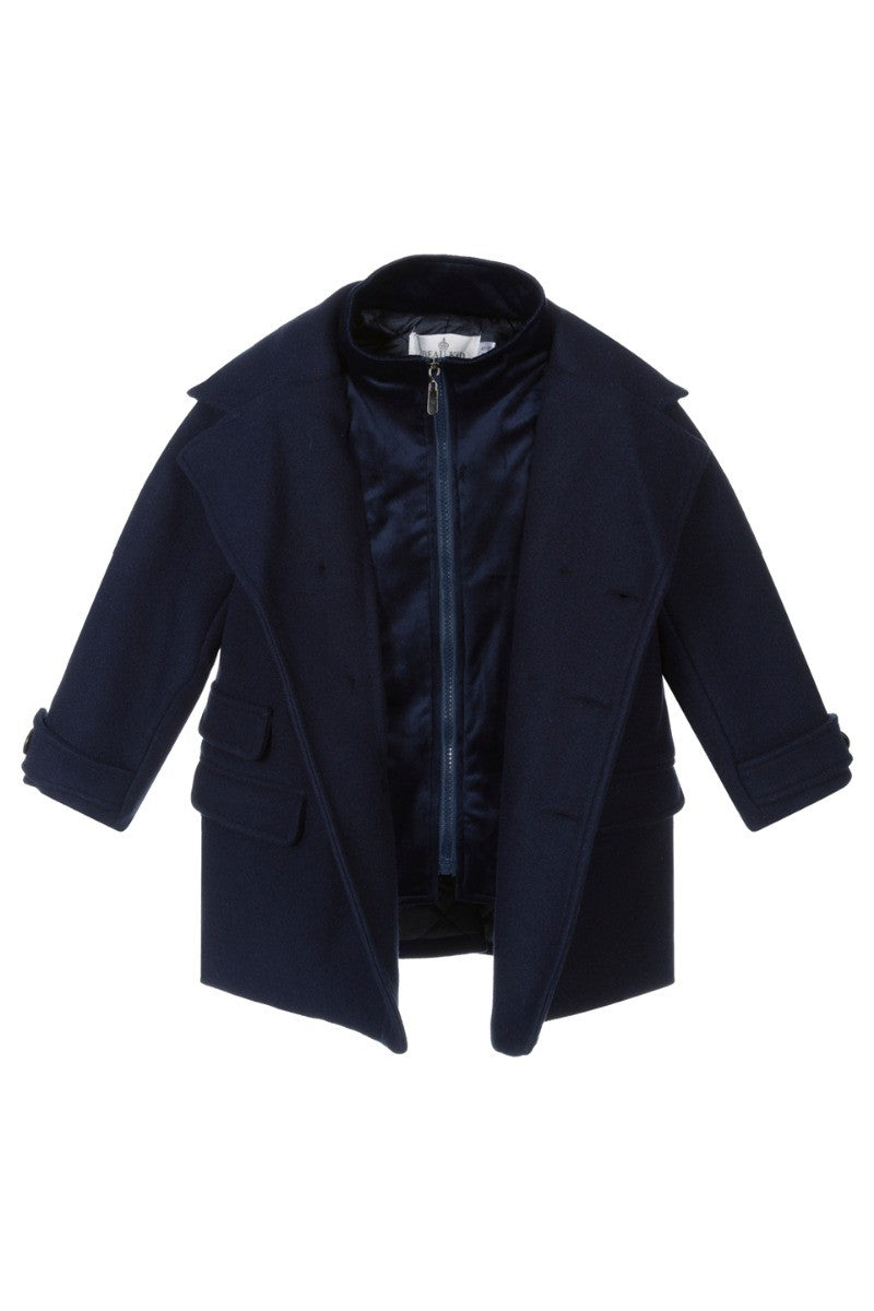 Boys Tweed Double Breasted Midi Geke Coat - Navy Blue