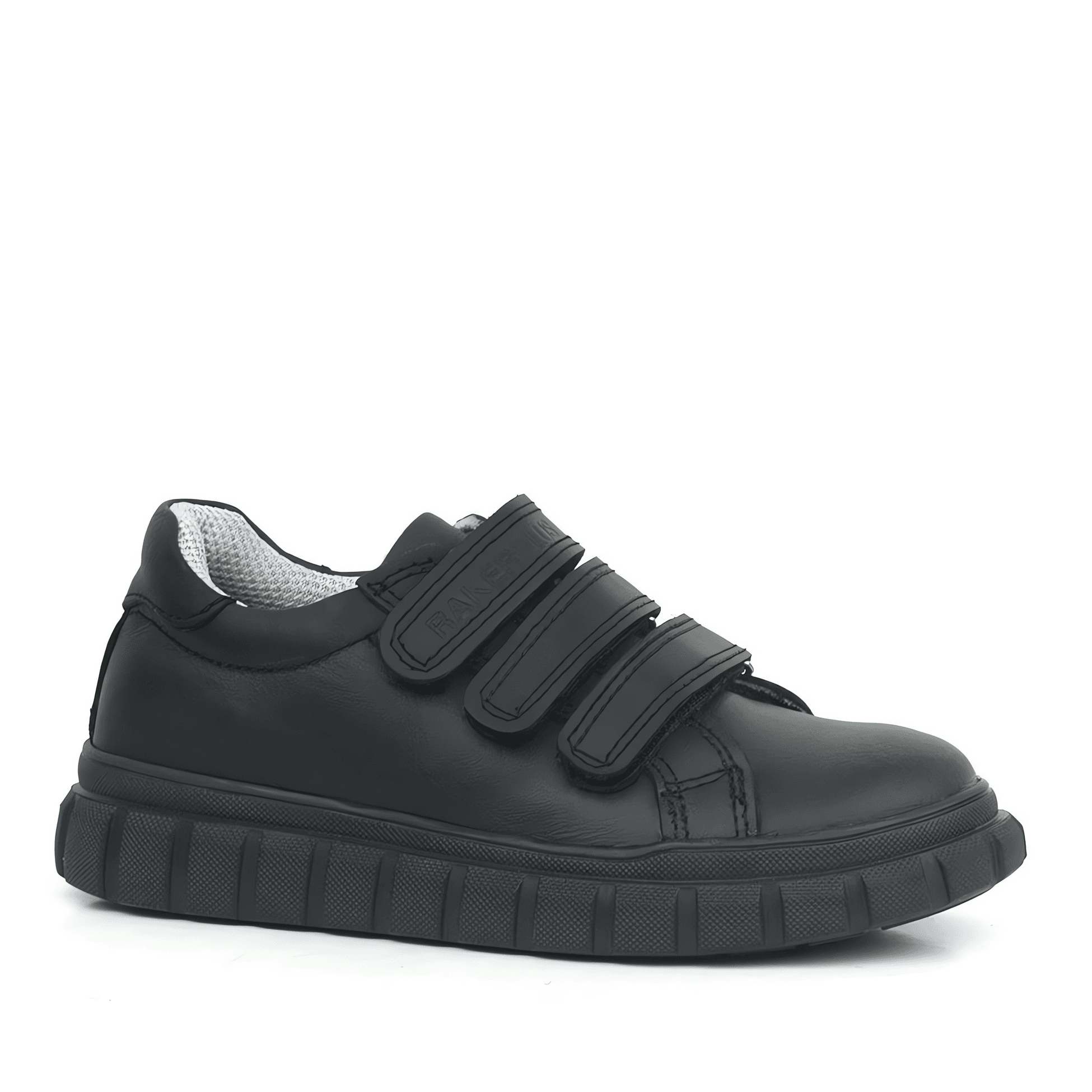 Boys Black Leather School Trainer Shoes with Triple Strap Closure - 4003 - Black