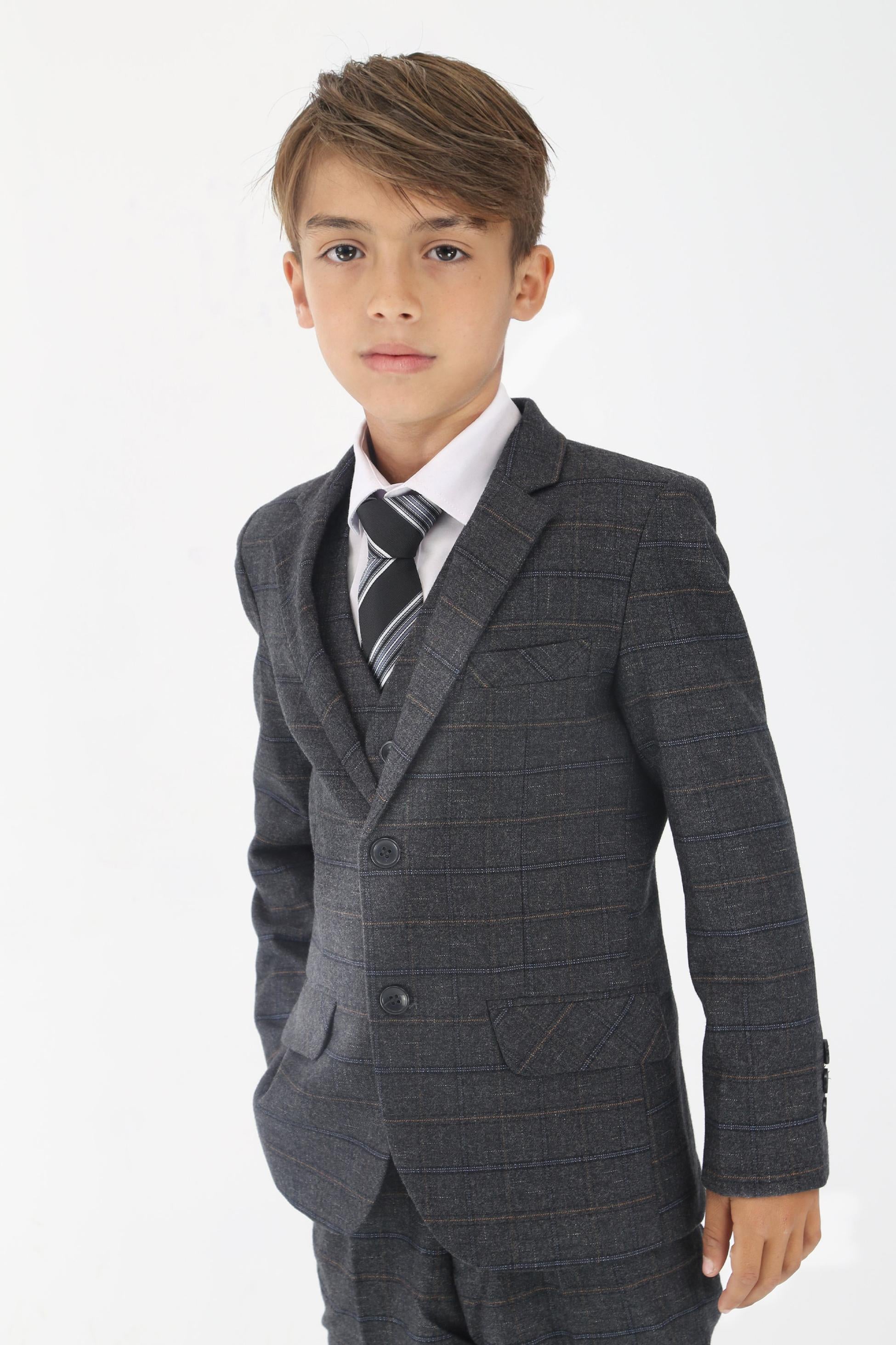 Boys Tweed Like Check Tailored Fit Formal Suit Set - Charcoal Grey