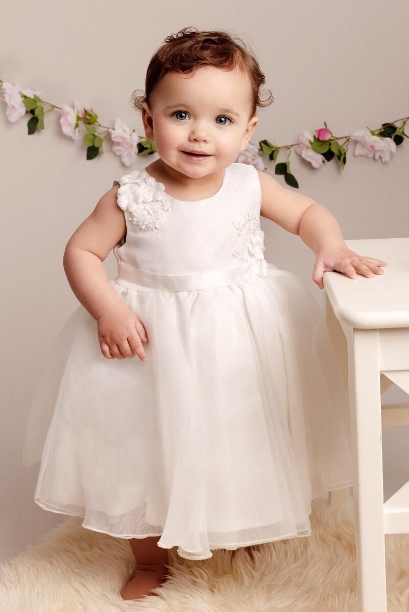 Baby Girls Tulle Dress With Floral Applique - ELISE - Ivory