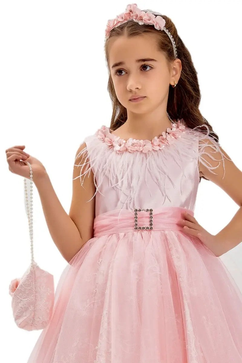 Girls Sleeveless Tulle Midi Pink Dress Set - Pink