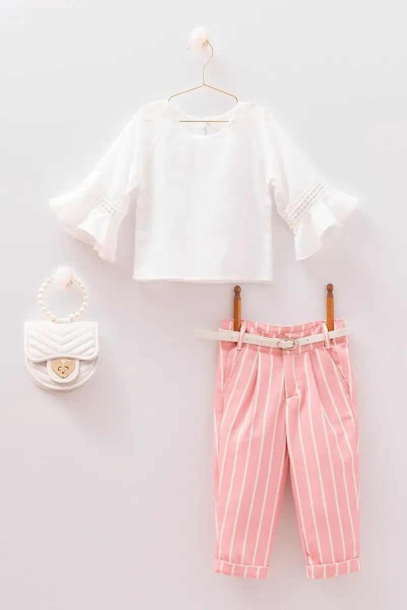 Girls Summer Casual White & Pink Set - MIALIA - White - Pink