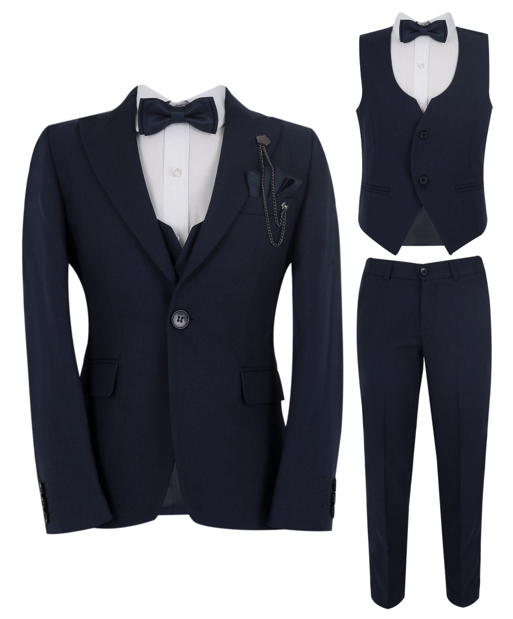 Boys Slim Fit Herringbone 8 Piece Suit Set - KING - Navy Blue