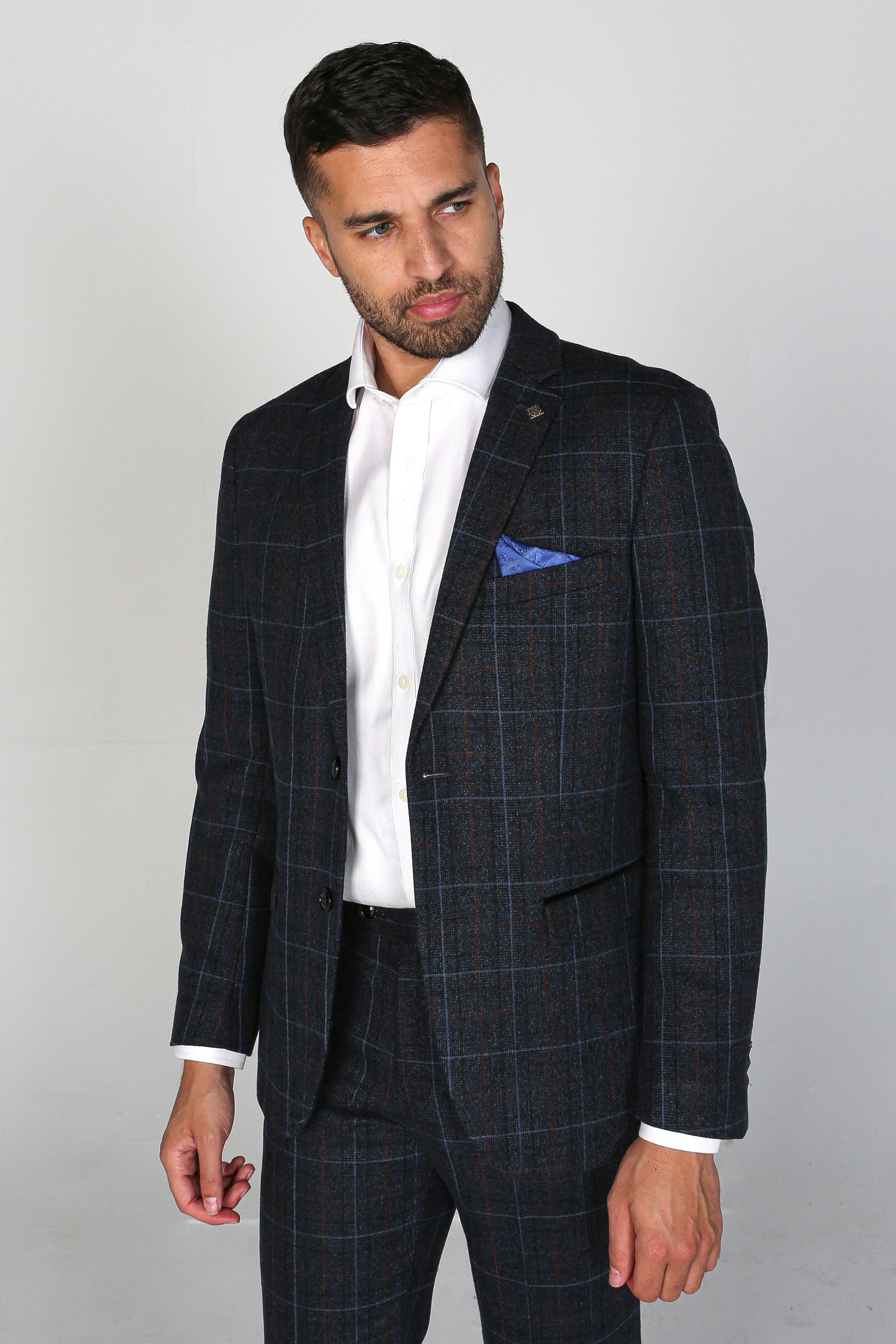 Men's Windowpane Tailored Fit Suit Jacket- HARVEY - Navy Blue