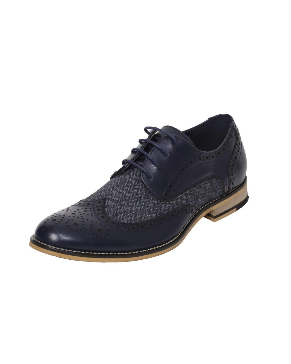 Men's Lace Up Tweed Leather Brogue Shoes - HORATIO - Navy Blue