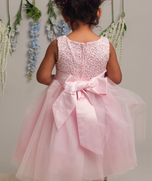 Girls Dress with Floral Bodice & Bow - PC-1025 - Pink