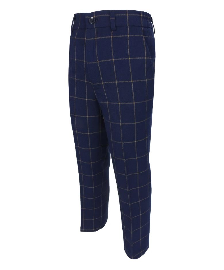 Boys Windowpane Check Suit Set - Navy Blue - Gold