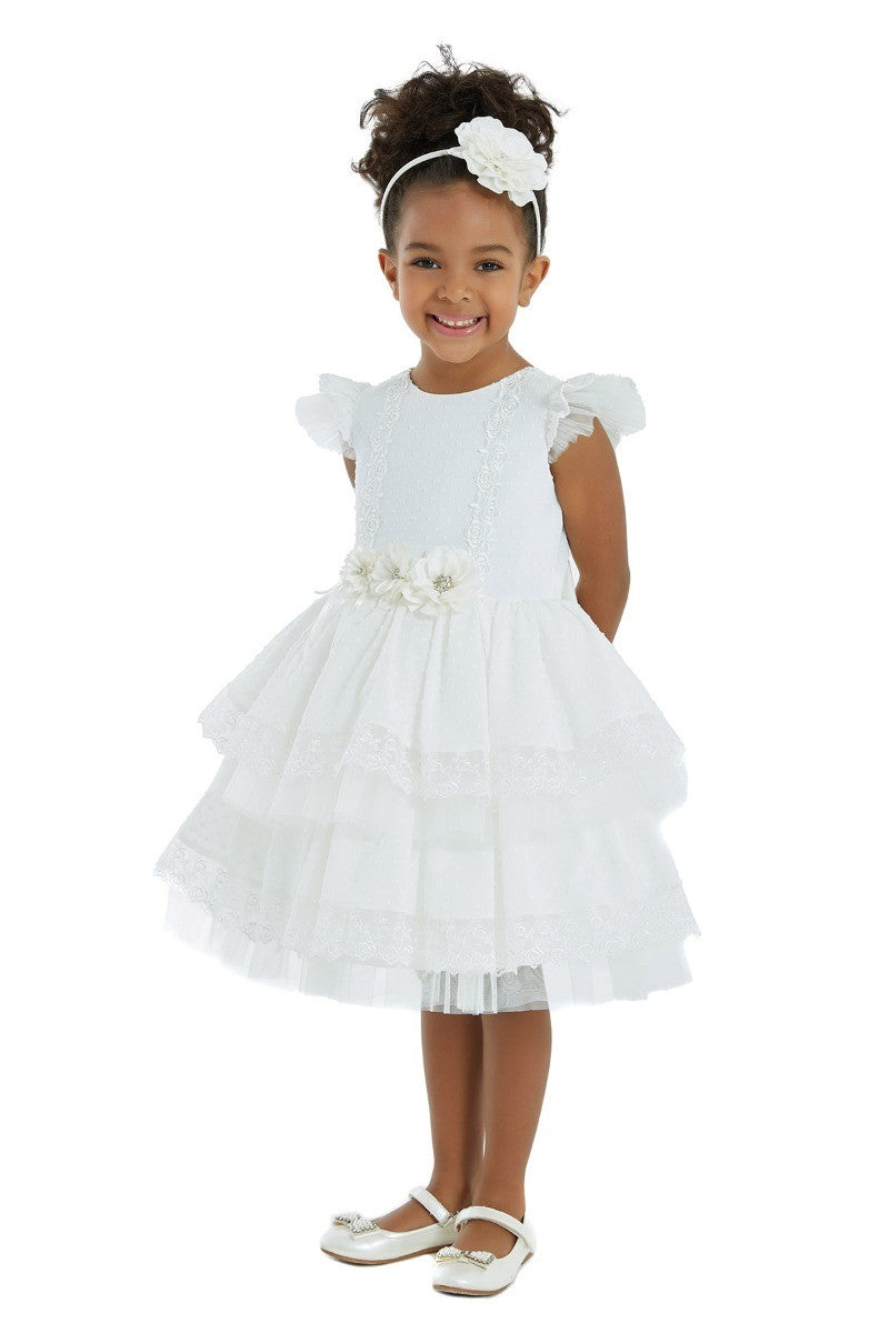 Girls Ruffles Embroidered short Sleeve Dress - Ecru