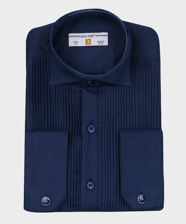 Boys Navy Blue Slim Fit Pleated Cufflink Shirt - Navy Blue