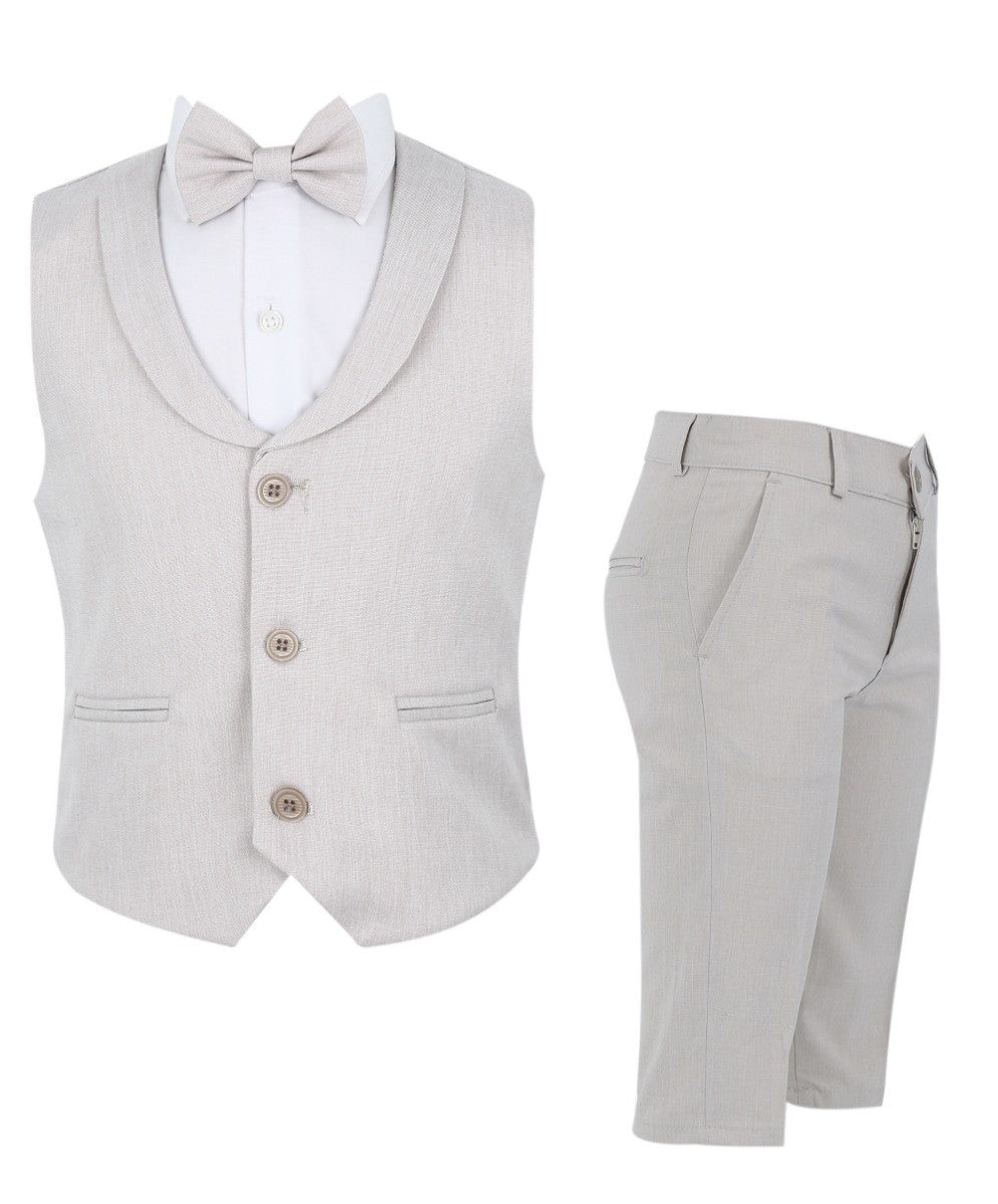 Boys Linen Waistcoat Suit Set - Light Beige