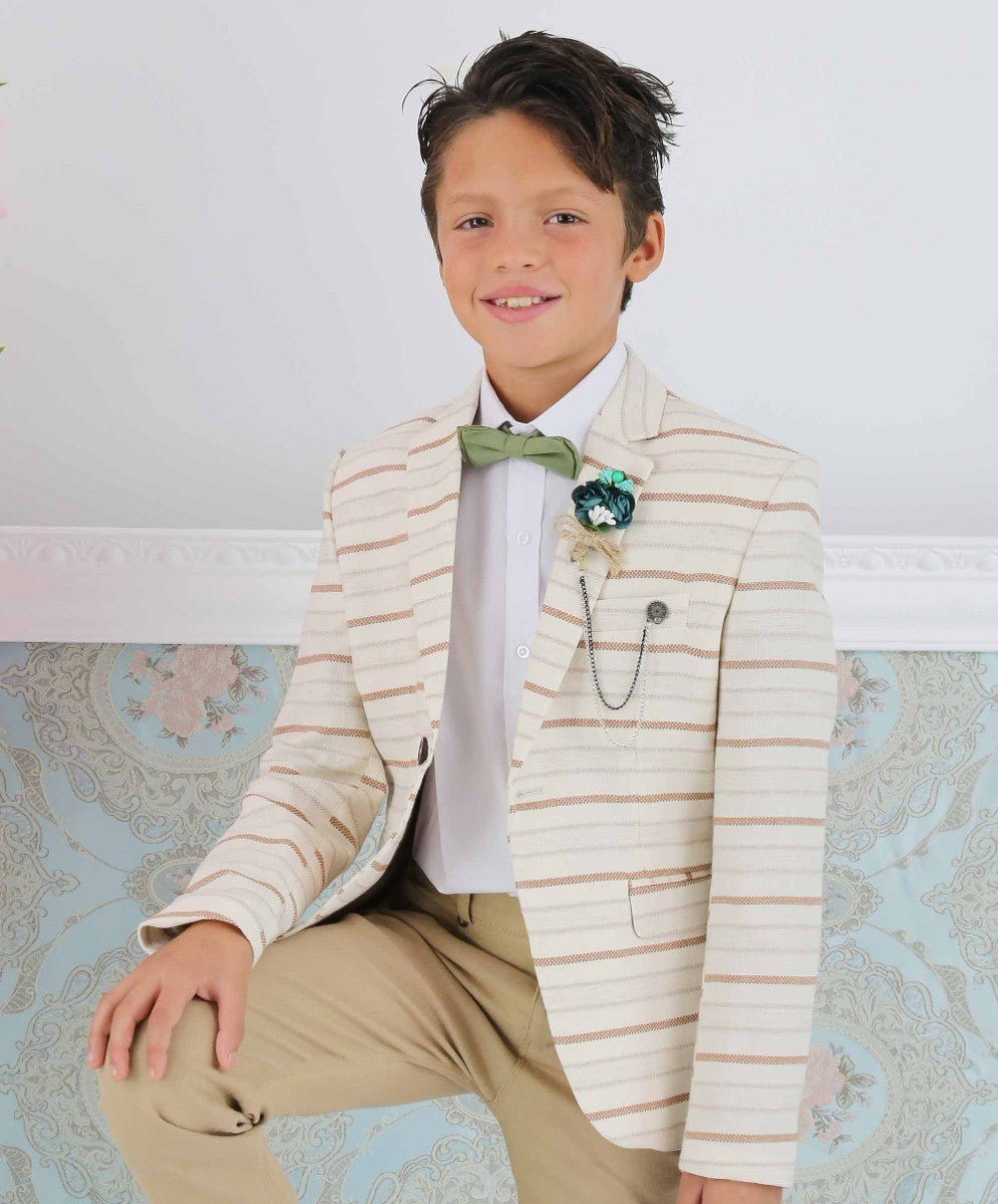 Boys Slim Fit Striped Blazer - Beige - Brown