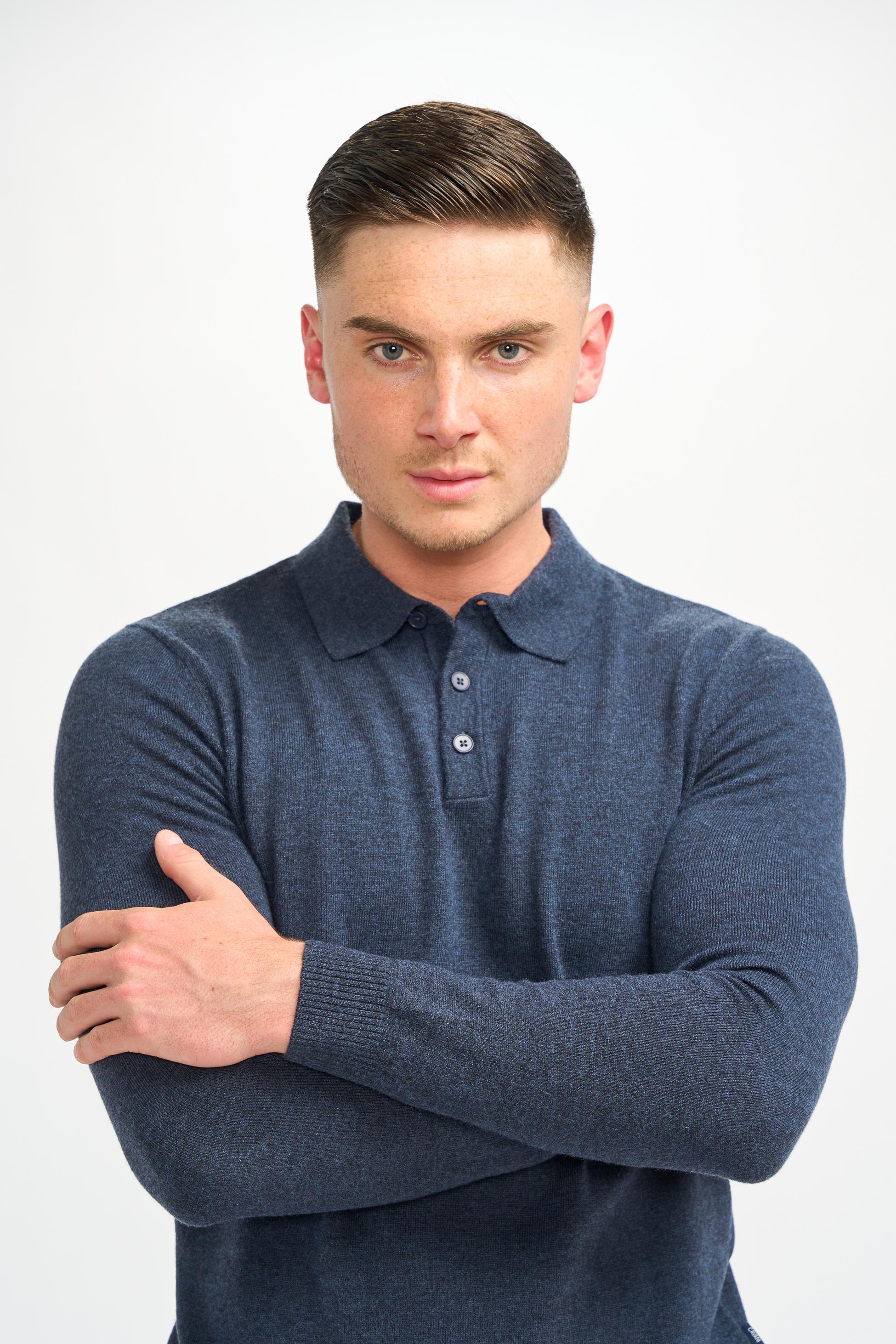 Men’s Wool Knit Long Sleeve Polo Shirt - Boom - Navy Blue