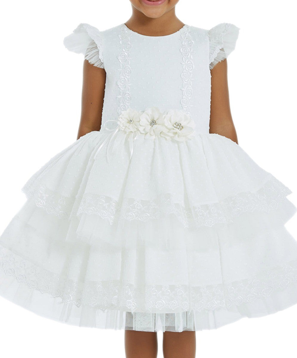 Girls Ruffles Embroidered short Sleeve Dress - Ecru