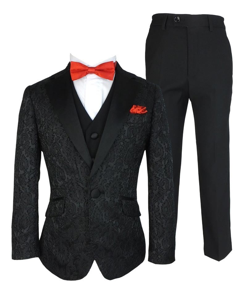 Boys Jacquard Satin Black Suit - Black