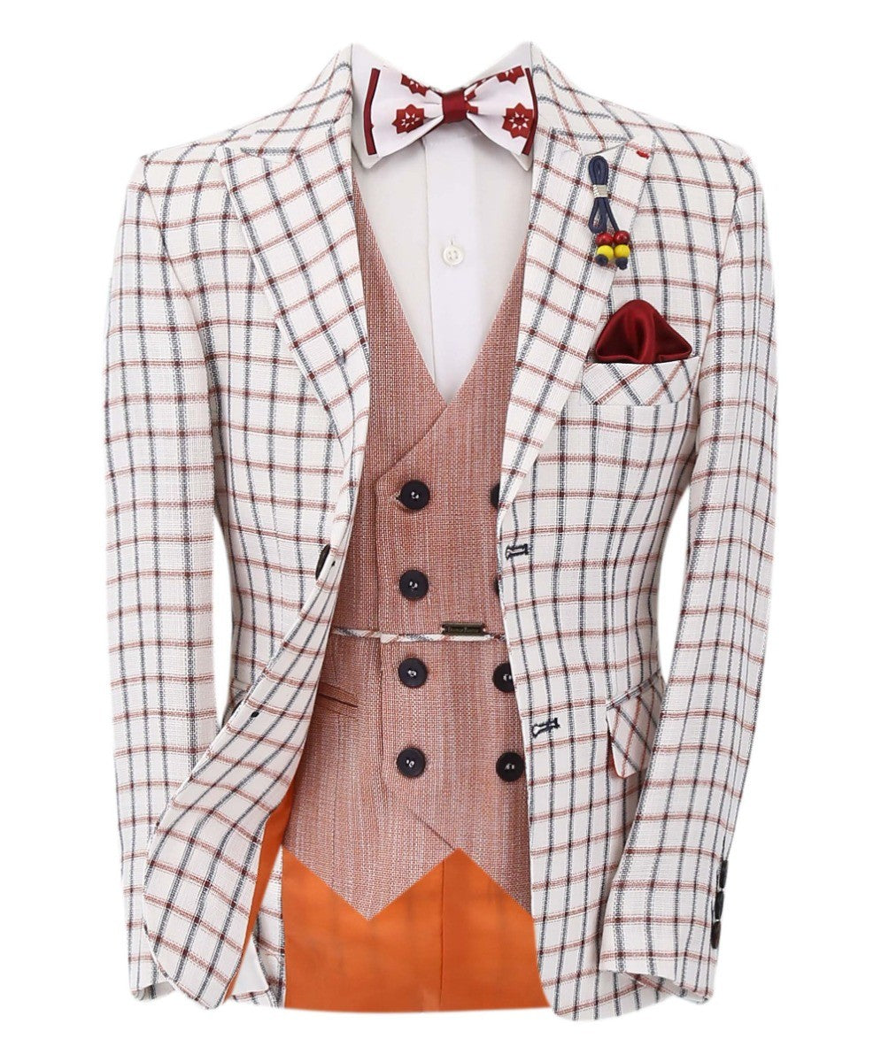 Boys Check Blazer and Double-breasted Waistcoat Suit Set - Burgundy