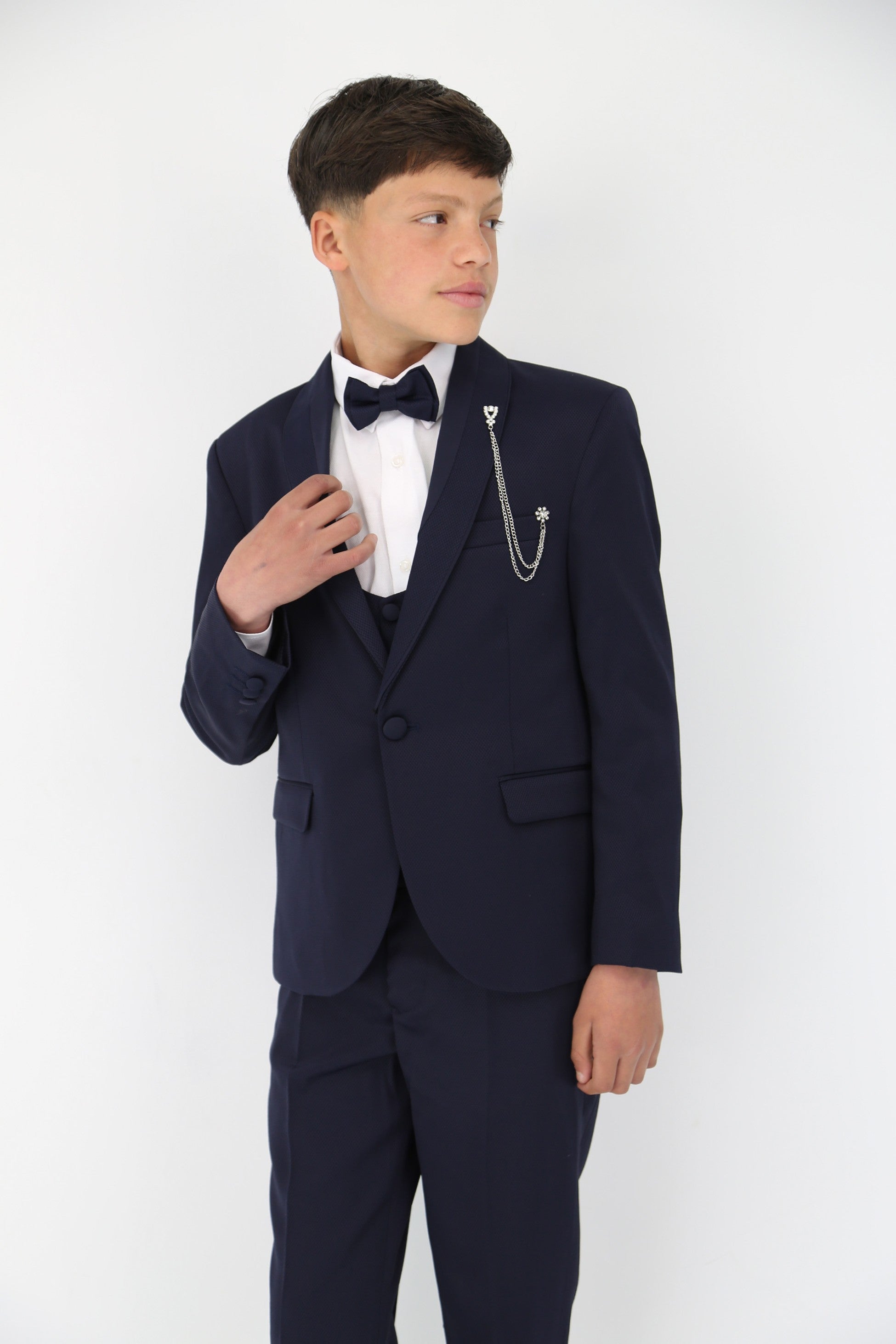 Boys' Satin Shawl Lapel Self-Patterned Tuxedo Suit, 6-Piece Set - Navy