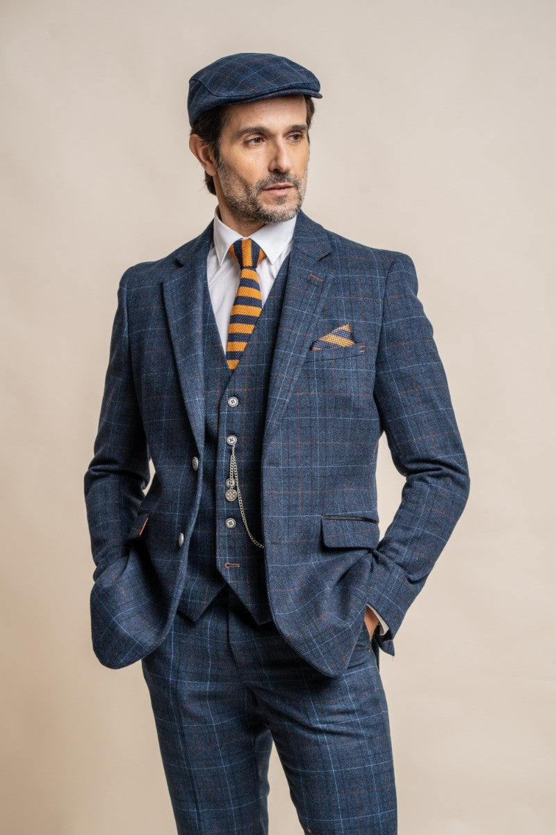 Men's Windowpane Check Tweed Blue Suit Jacket - CODY - Navy Blue