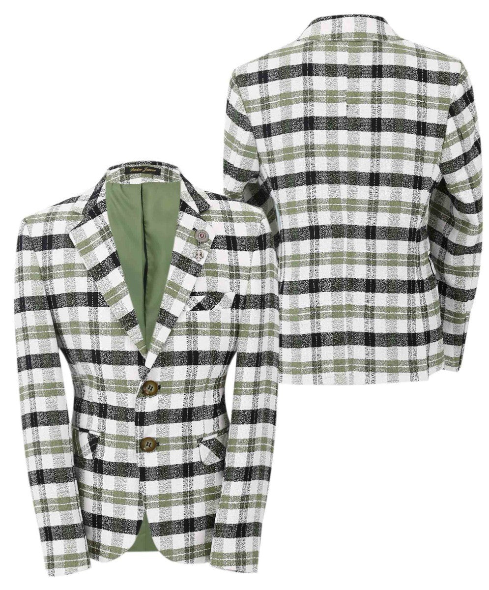 Boys Plaid Cotton Retro Slim Fit Formal Blazer - Green