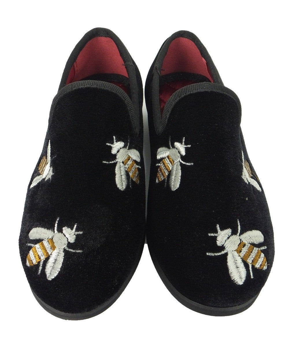 Boys Velvet Bee Embroidered Slip On Loafers - Black