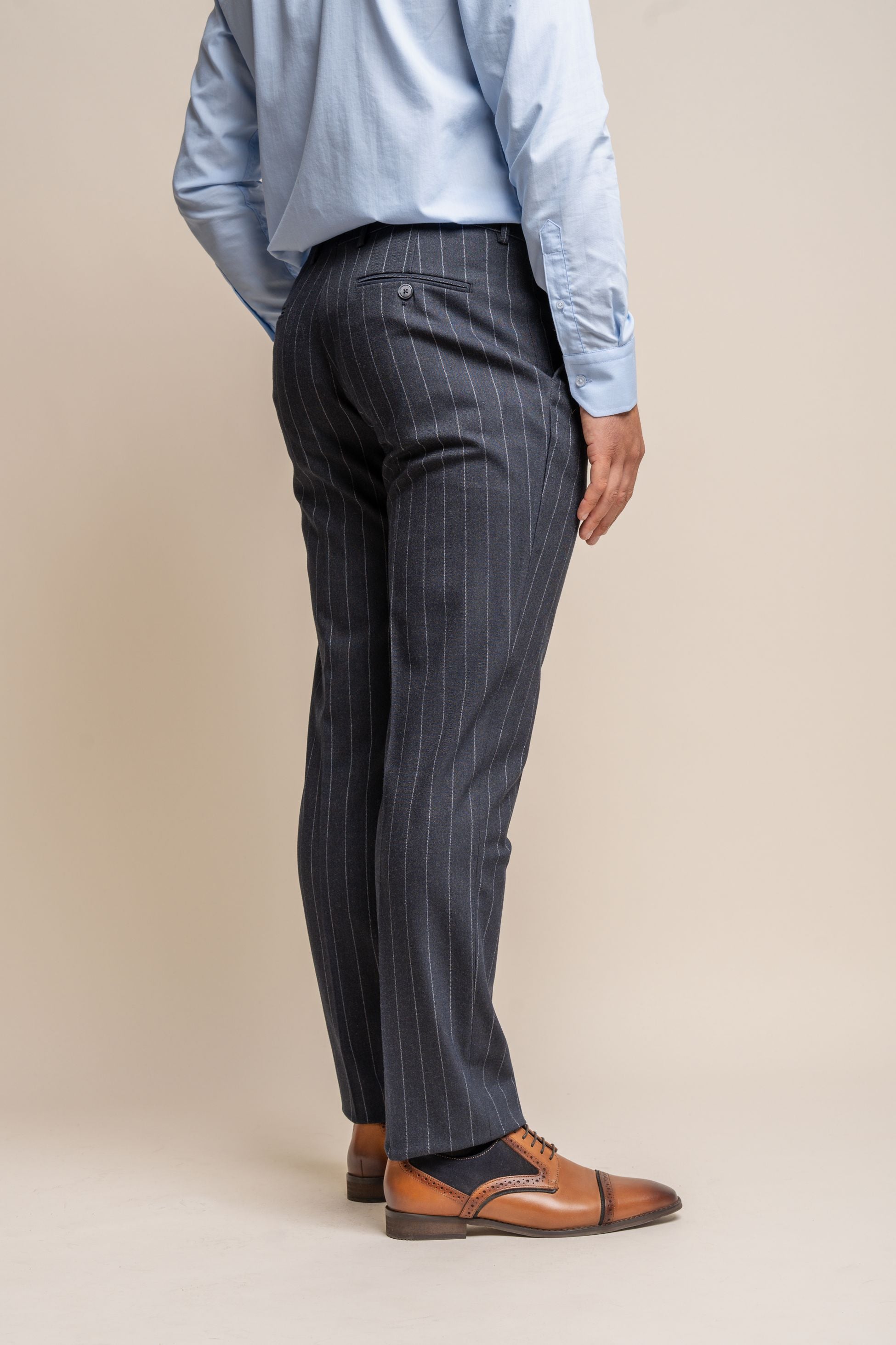 Men's Pinstripe Slim Fit Navy Blue Formal Trousers- Invincible - Navy Blue