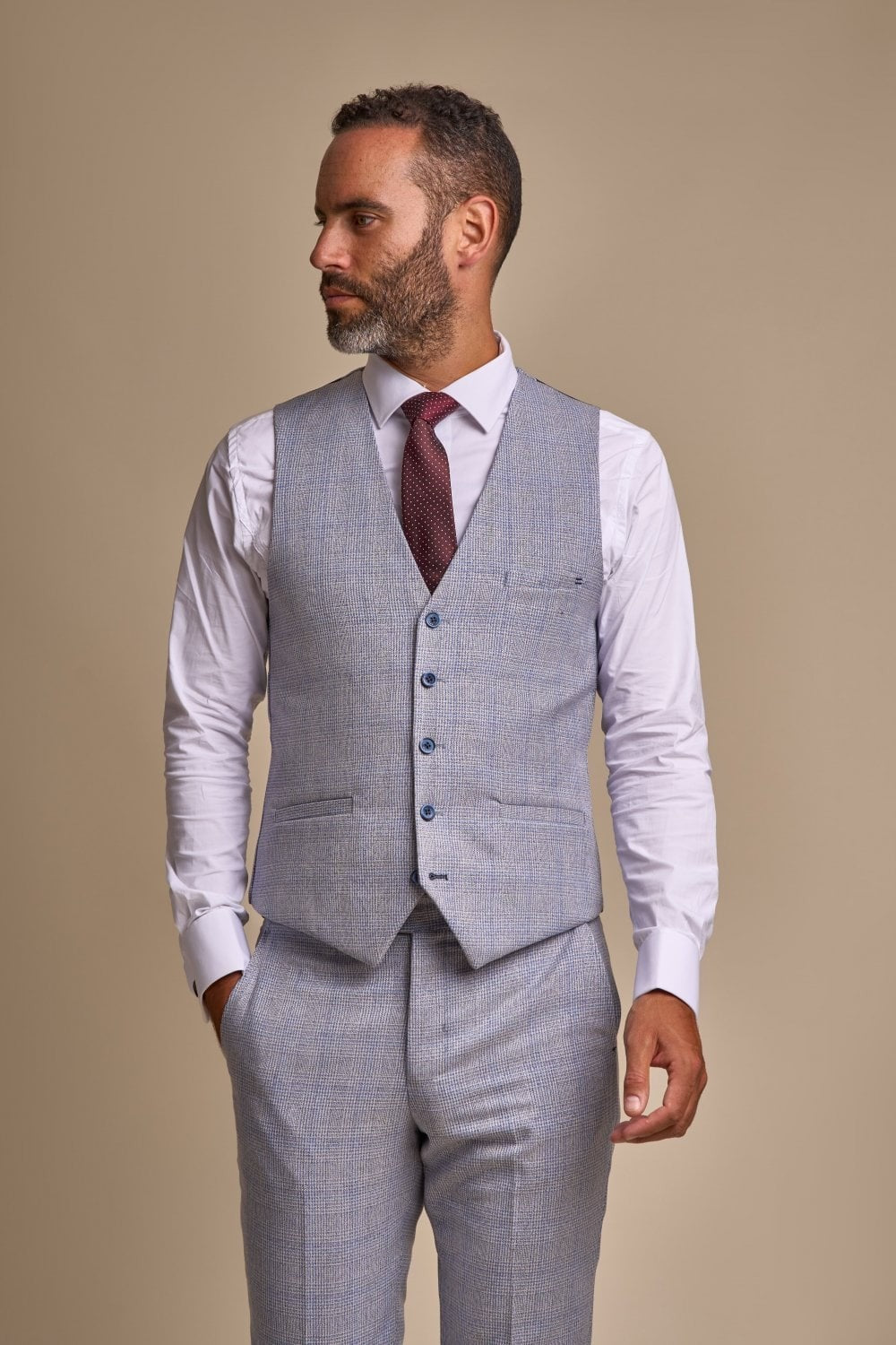 Men's Tweed Houndstooth Check Slim Fit Suit - CARIDI - Sky Blue