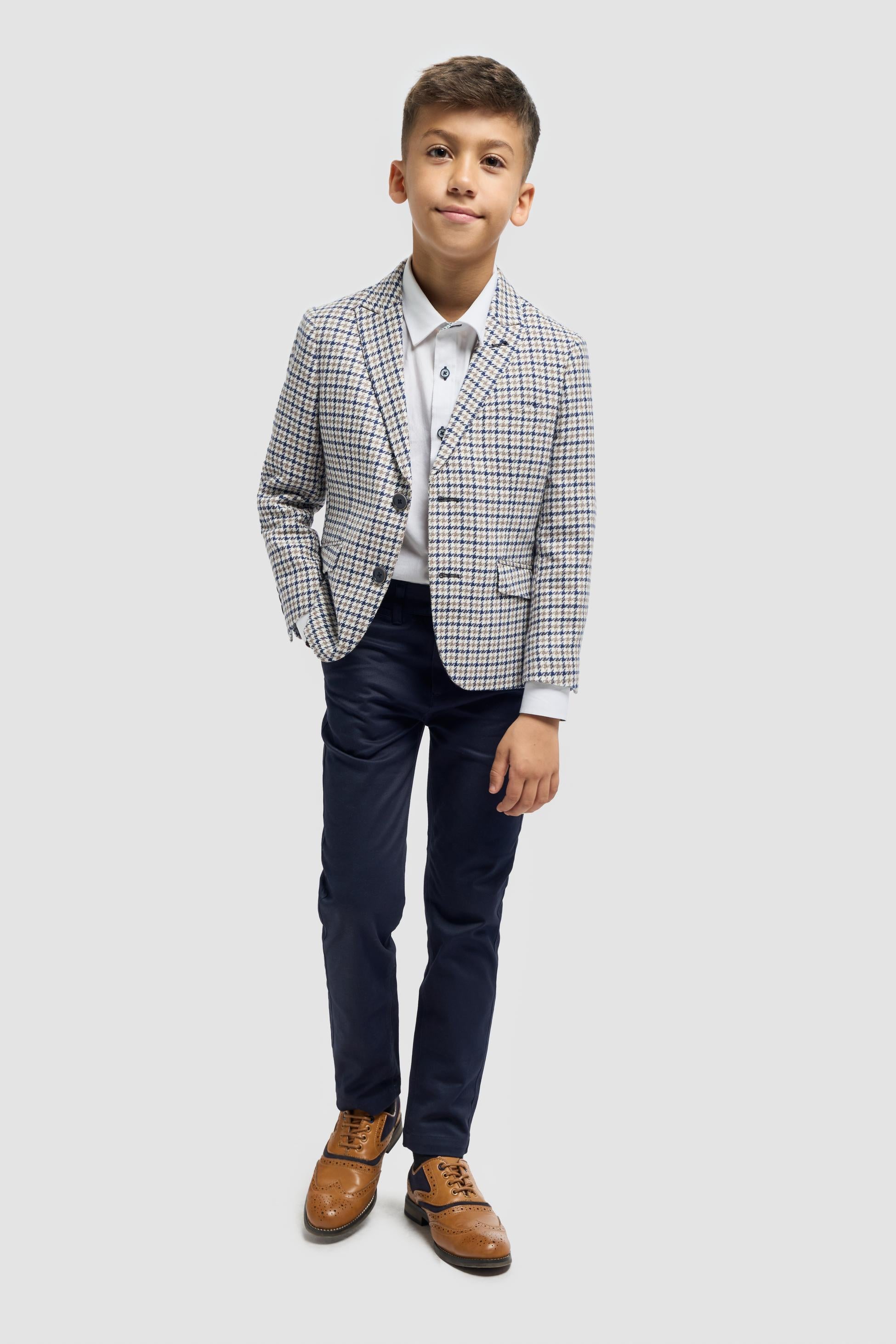 Boys’ Beige Cotton Houndstooth Blazer - Bartela - Beige