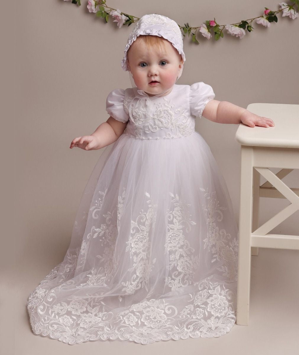 Baby Girls Heirloom Lace Christening Gown & Bonnet - ALEXA - Off white