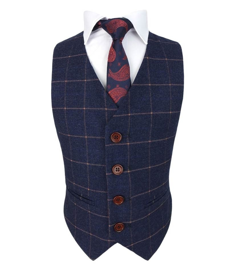 Boys Windowpane Check Slim Fit Suit - Dark Blue - Gold