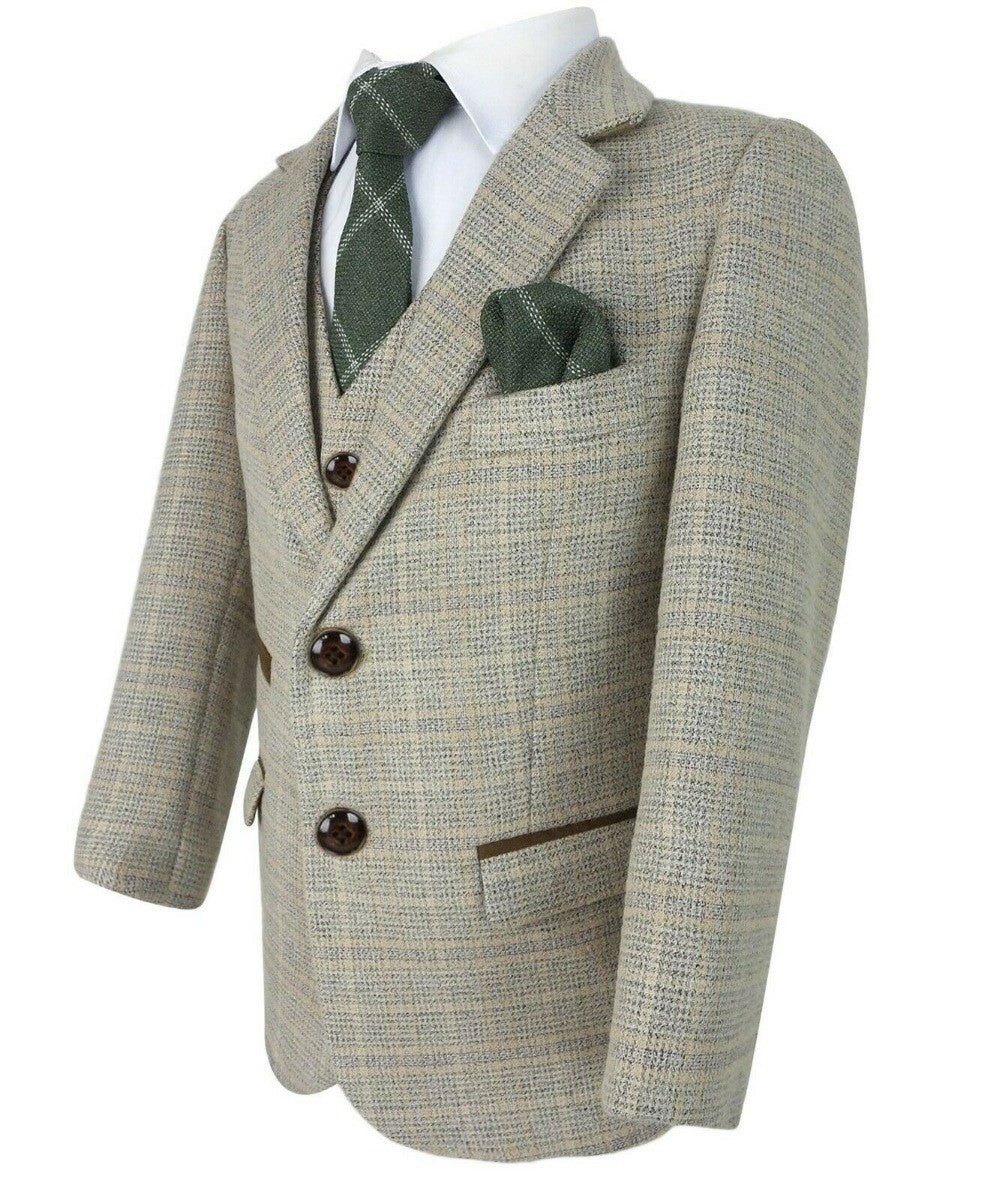 Boys Tweed Check Tailored Fit Beige Formal Suit - HOLLAND - Beige - Brown