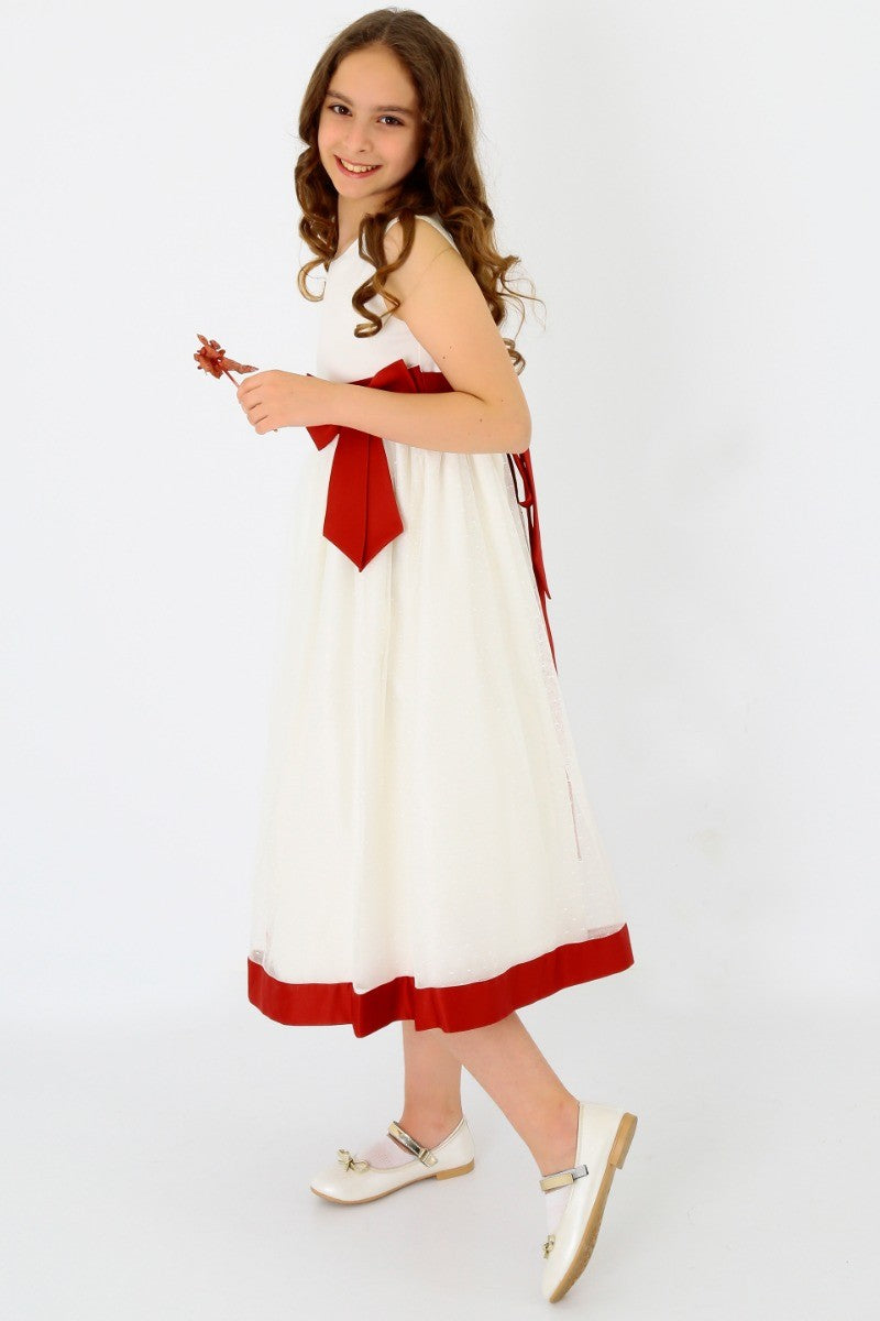 Girls Sleeveless Tulle Communion Dress - White - Red