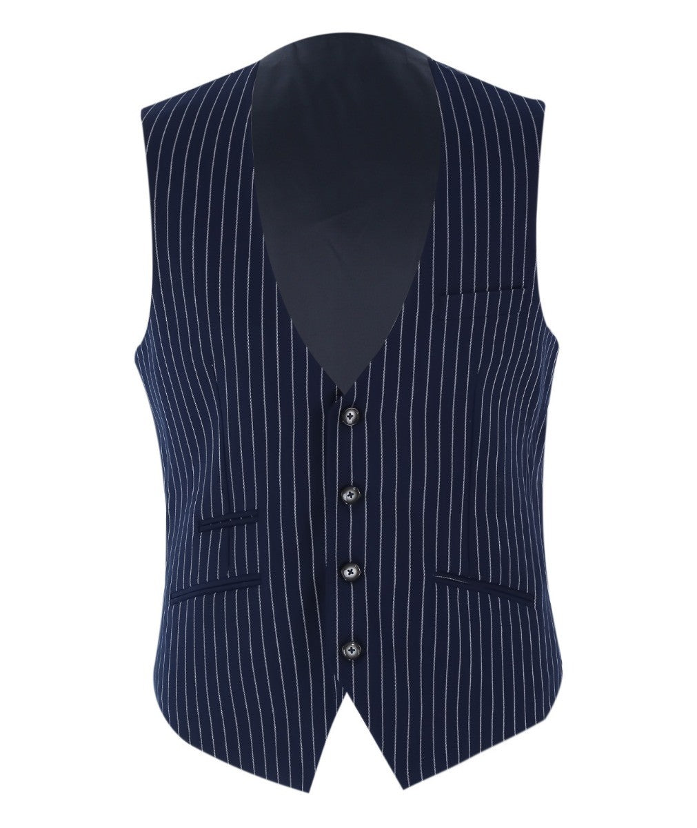 Men's Tailored Fit Pinstripe Navy Suit - MASON - Navy Blue