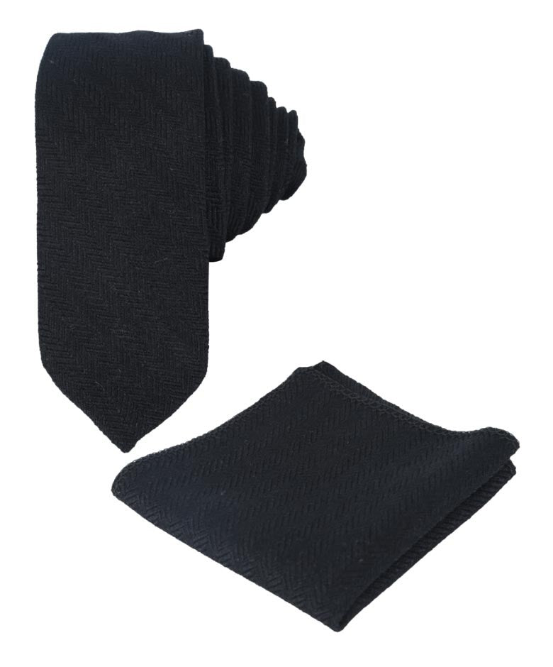 Boys & Men's Herringbone Tweed Tie & Pocket Square Set - Black