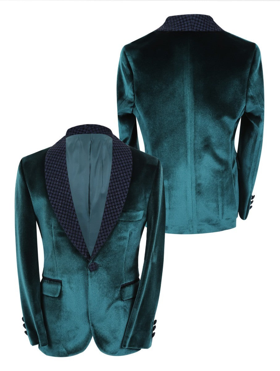 Boys Velvet Slim Fit Tuxedo Dinner Suit - Dark Green