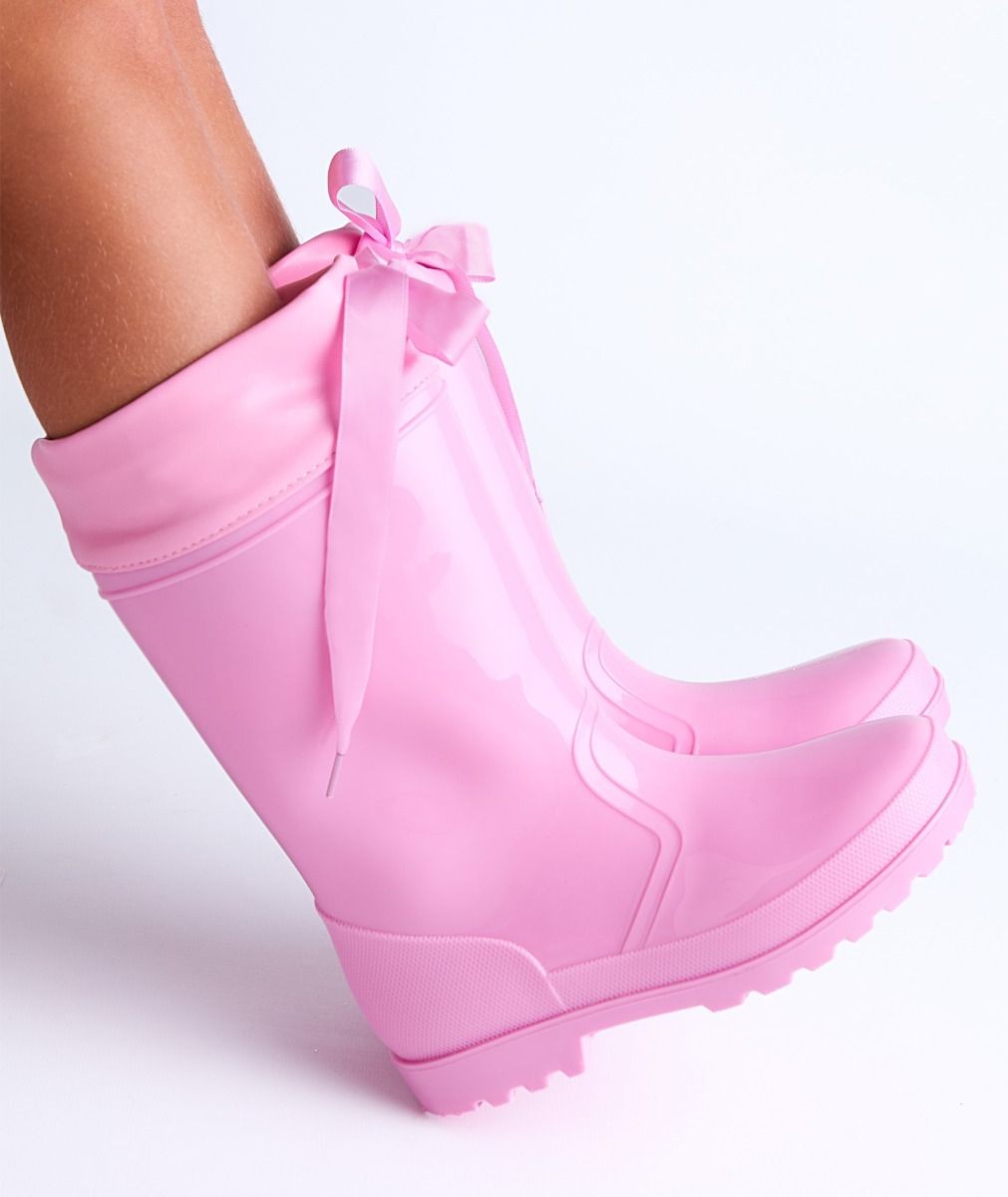 Girls Ribbon Wellington Boots, Waterproof Wellies - DALLAS - Pink