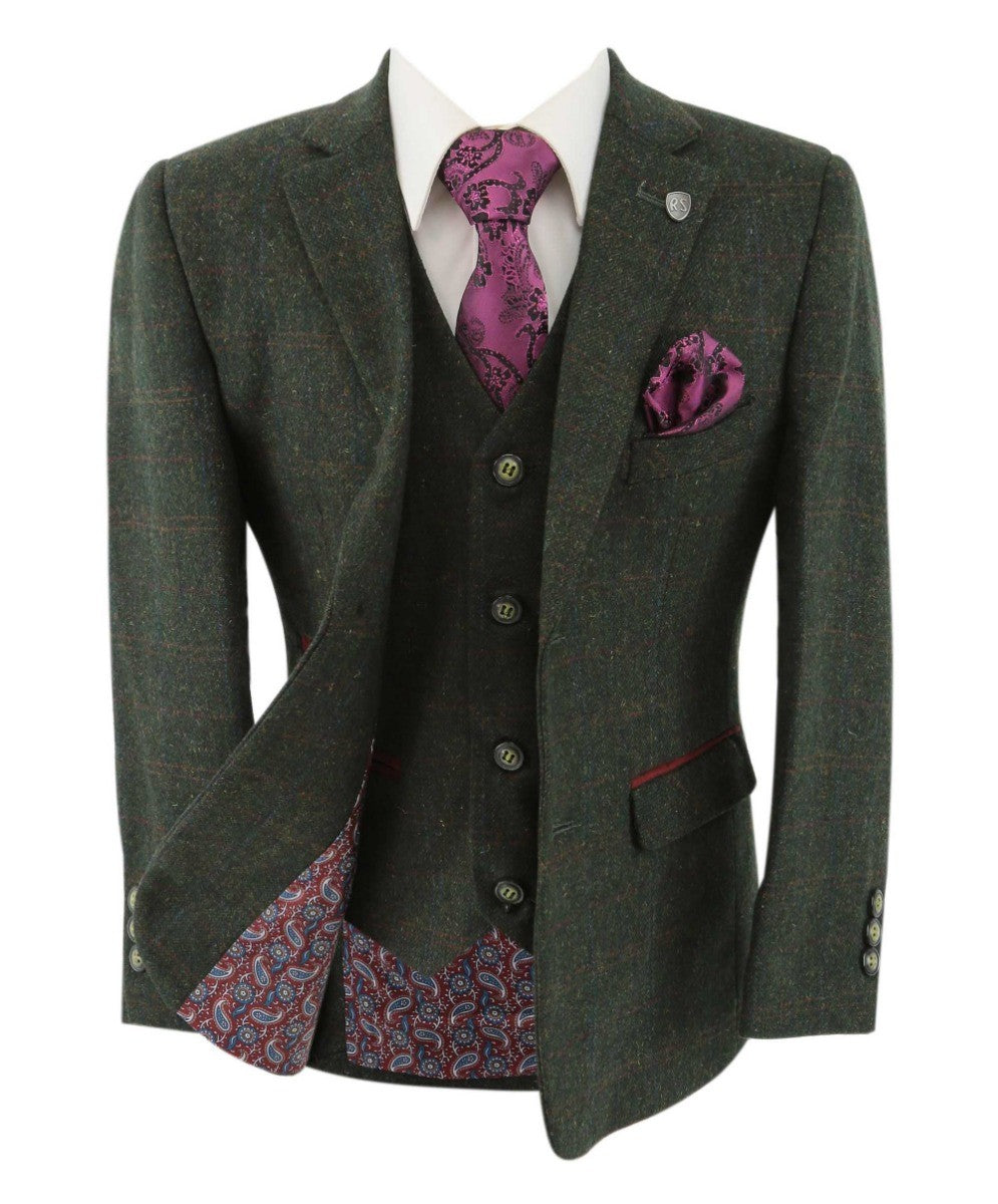 Boys Tweed Check Tailored Fit Suit - JOSHUA Green - Dark Green