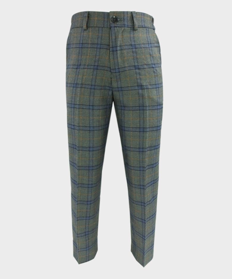 Boys Tailored Fit Windowpane Check Grey Suit - Blue - Orange