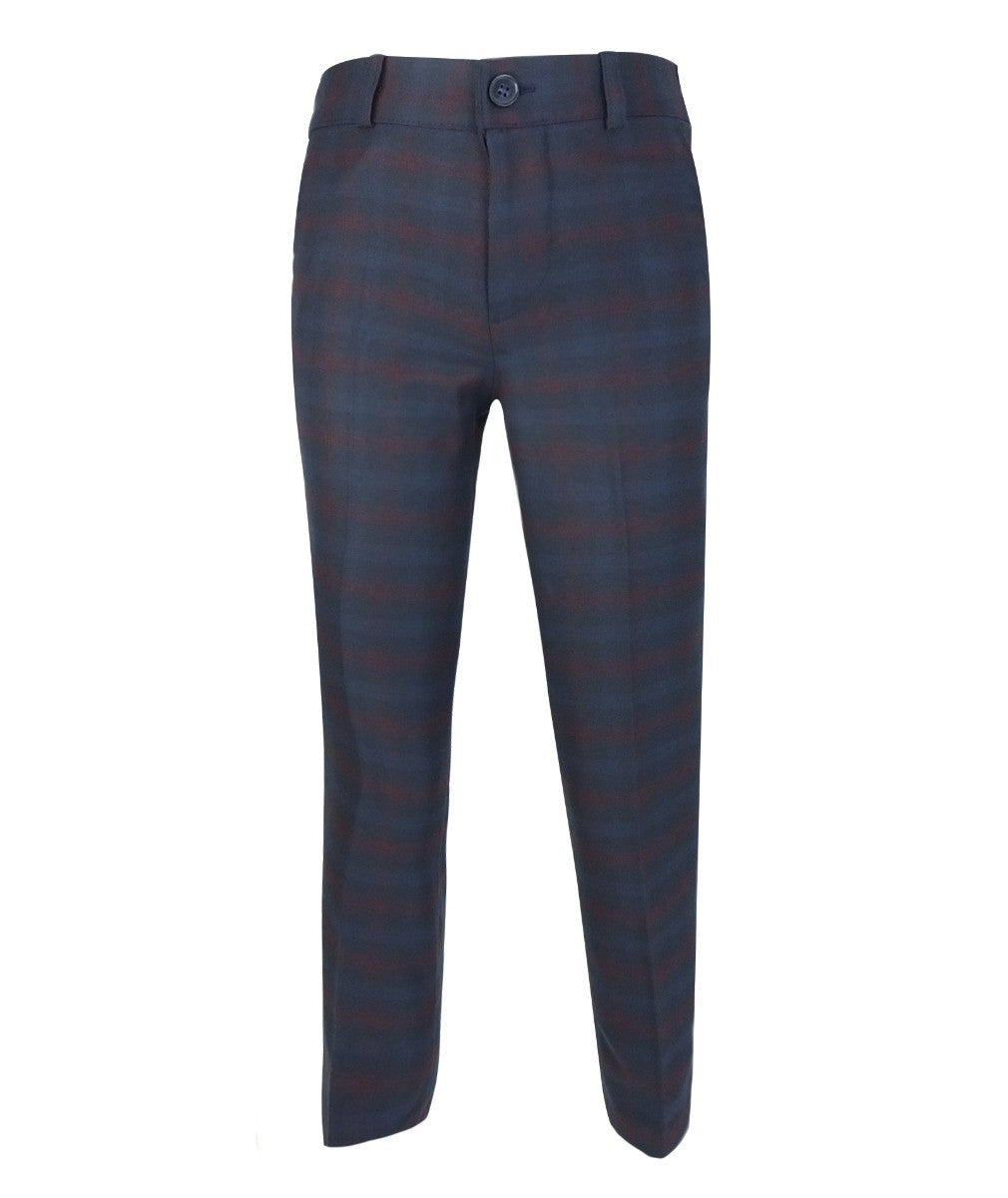 Boys Tailored Fit Retro Check Navy Suit - Navy Blue - Red