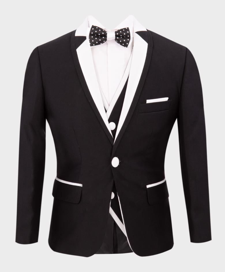 Boys Exclusive Piping Tuxedo Suit - Black - White