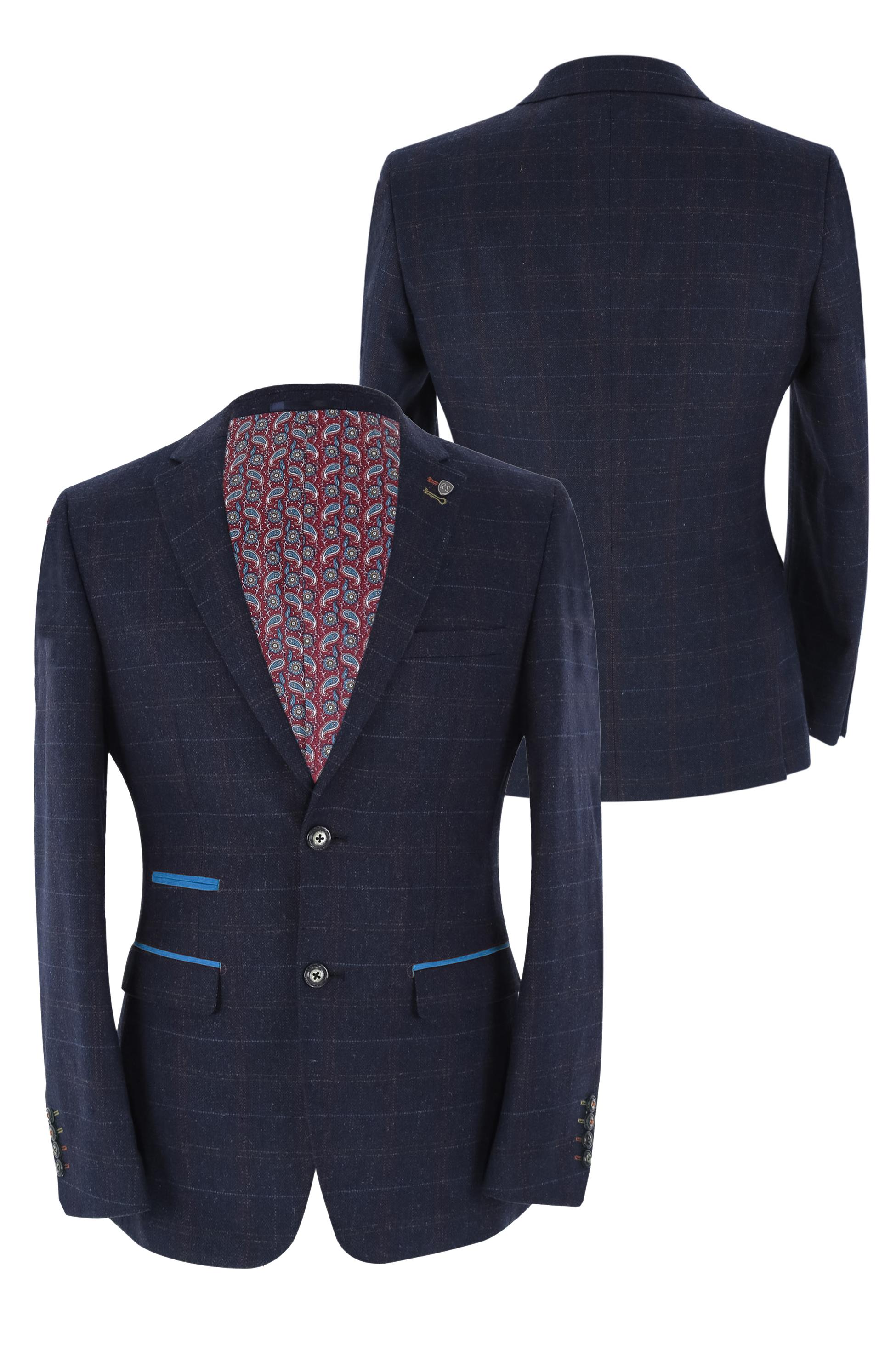 Men's Tweed Windowpane Tailored Fit Navy Suit Jacket  - RYAN - Navy Blue