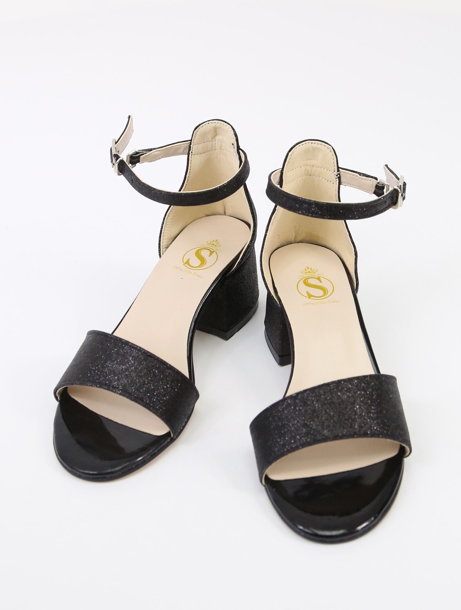 Girls Ankle-Strap Block Heel Sandals - SPARKLE - Black