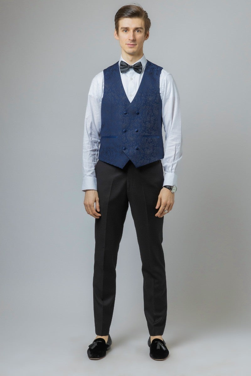 Men's Slim Fit Patterned Navy Suit - THOMAS - Navy Blue