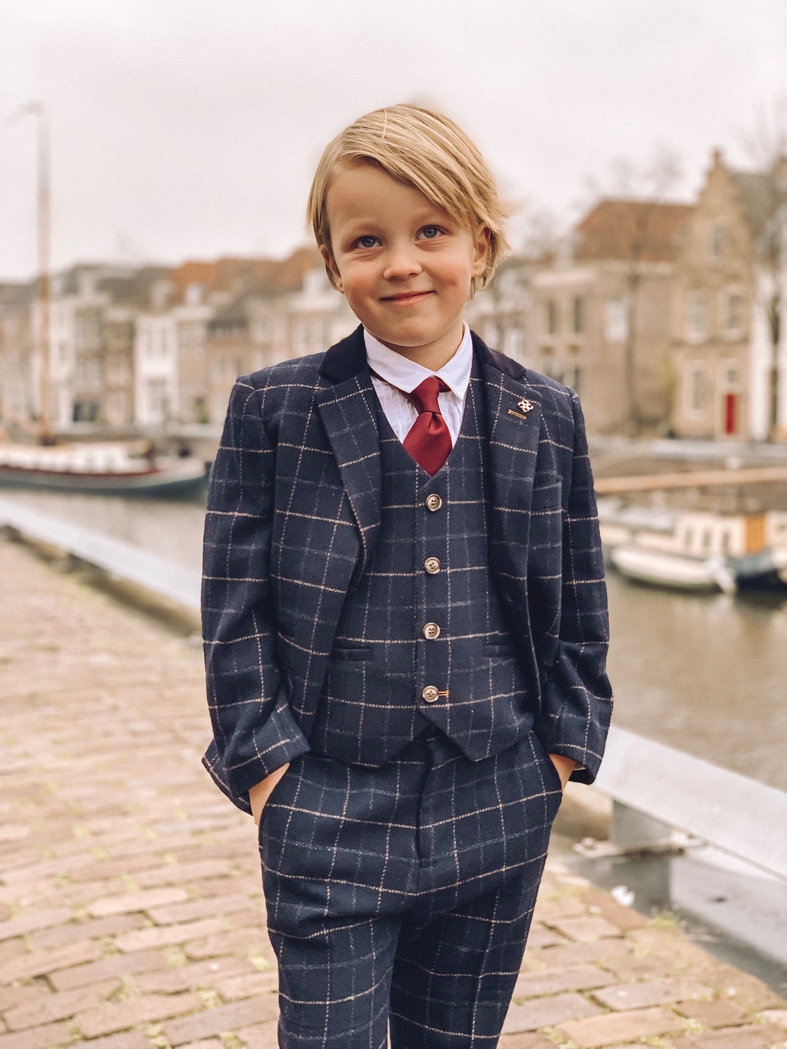 Boys Tweed Windowpane Check Slim Fit Suit - SHELBY - Navy Blue