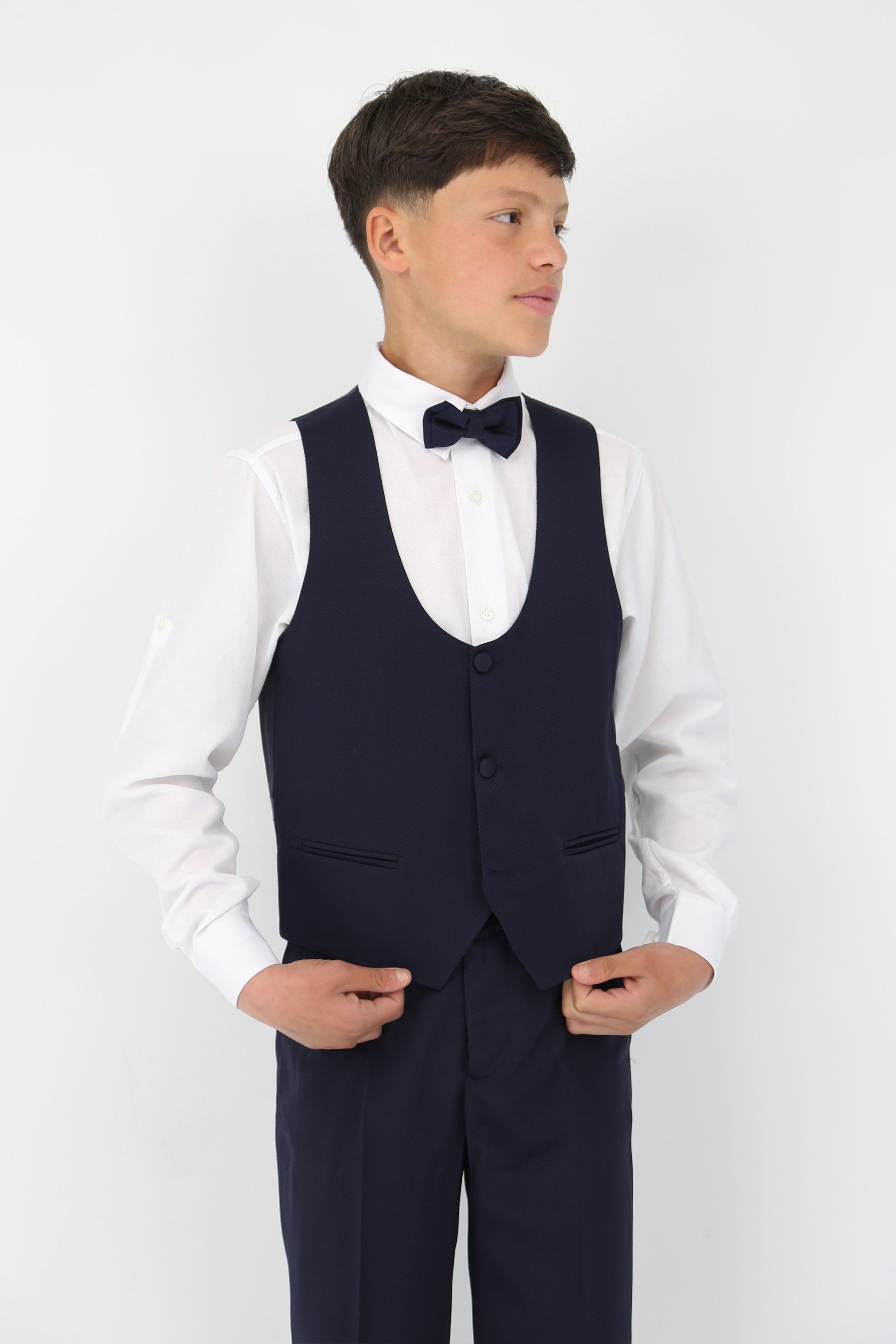 Boys' Satin Shawl Lapel Self-Patterned Tuxedo Suit, 6-Piece Set - Navy